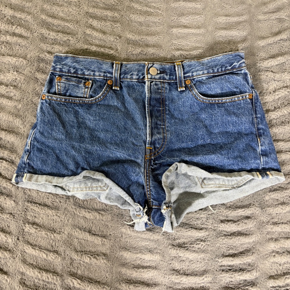 Levis 501 Size 29 Blue Medium Wash White Oak Cone Denim Cut Off Shorts High Rise